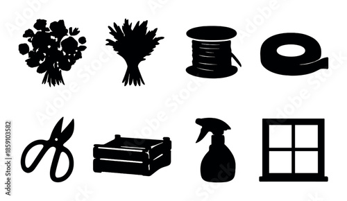 Silhouettes of gardening tools: hose, shears, spray bottle, flower bouquets, twine, window box
