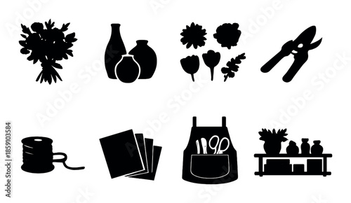 Gardening theme with tools, apron, and vases in silhouette design
