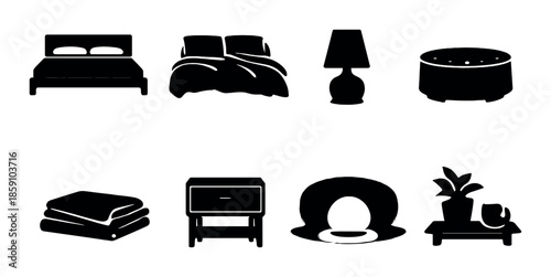 Silhouette icons of bedroom furniture and decor on dark background
