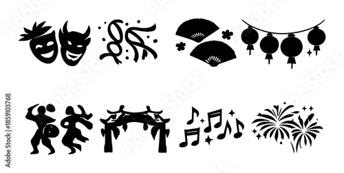 Silhouette icons of cultural festivals with masks, lanterns, music, dance, and fireworks