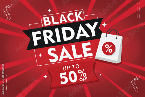 Dynamic Black Friday Sale banner offering up to 50% off. Features a shopping bag icon on a vibrant red background with star accents, perfect for promotions.