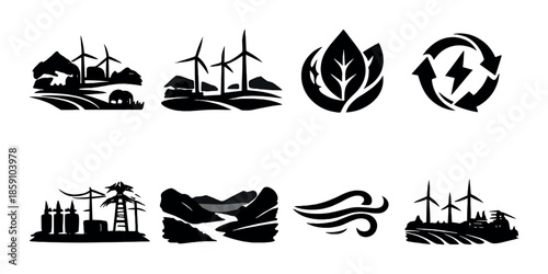 Renewable energy icons: wind turbines, solar panels, eco leaves, sustainable symbols