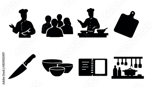 Culinary icons: chef, cooking utensils, and kitchenware silhouettes