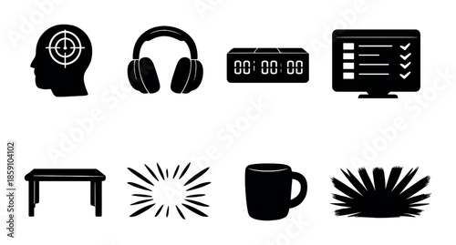 Silhouette icons: headphones, timer, checklist, and more on dark background