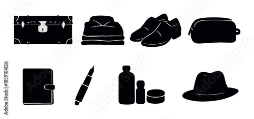 Vintage travel items: suitcase, clothing, shoes, toiletries, notebook, hat, pen