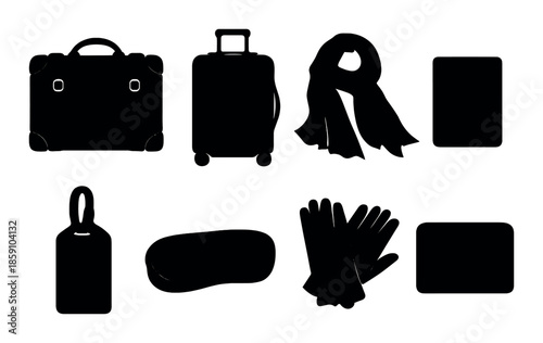 Silhouette of travel accessories including luggage, scarf, and gloves