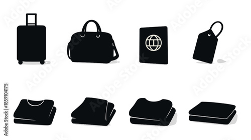 Travel essentials icons: luggage, passport, clothing, bag, tag