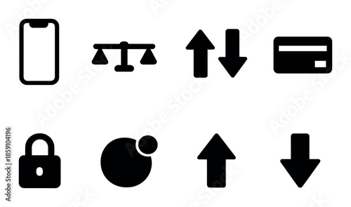 Blurred black icons on gradient gray background: phone, scale, arrows, card, lock, circle