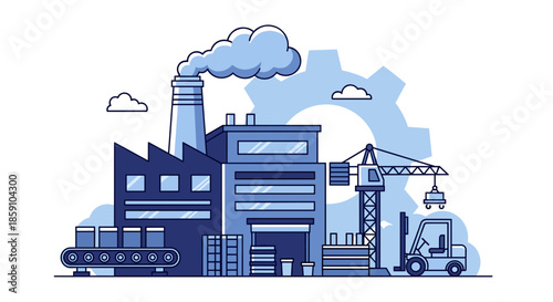Manufacturing factory illustration with chimney conveyor crane and forklift Production and logistics concept