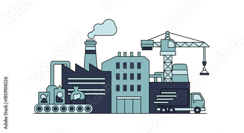 Modern factory complex with crane truck and production line Manufacturing and industrial processes