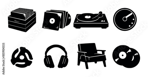 Retro music icons: vinyls, record player, headphones, meter on black background