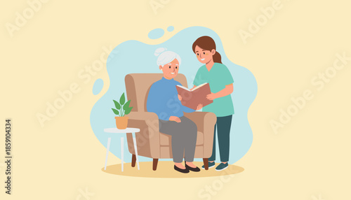 Caregiver reads to smiling senior woman in armchair illustrating home healthcare and companionship