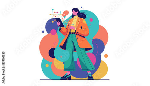 Confident woman using a tablet in a colorful vector style symbolizing data tech and digital business