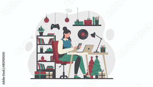 Remote worker using phone and laptop in a festive home office decorated for Christmas