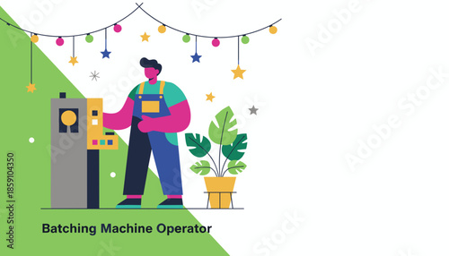 Illustration of a batching machine operator working in a colorful industrial setting