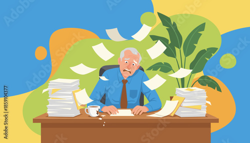 Overwhelmed senior worker drowning in papers Stress workload and office chaos illustration
