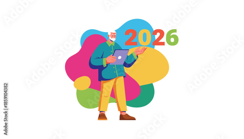 Colorful illustration of a senior man planning for 2026 with a digital tablet