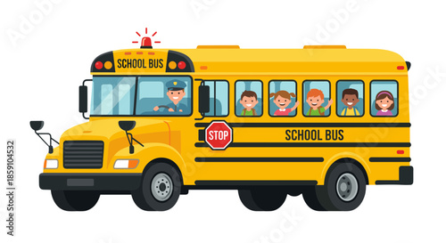 Vibrant yellow school bus carrying diverse, cheerful children on their daily route to school, driven by a friendly bus driver, representing education and childhood