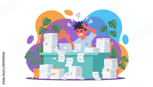 Angry stressed employee overwhelmed by excessive paperwork and deadlines illustrating job burnout and administrative burden