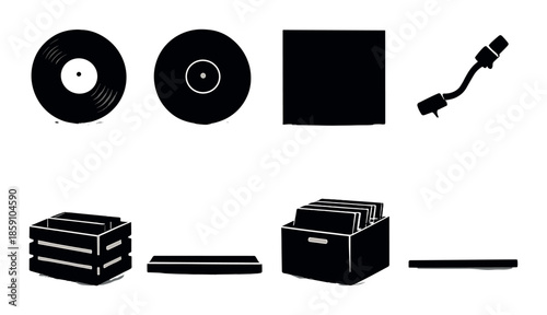 Vinyl record icons with turntable and storage boxes on beige background