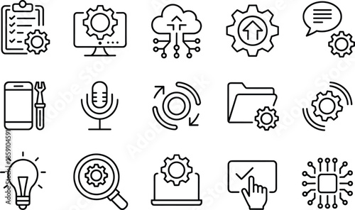 Technology and tools icons set, cloud, settings, gears, computer, mobile, automation, innovation, software development vector illustrations