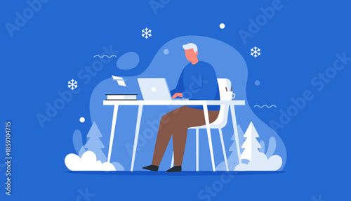 Man working remotely on a laptop during winter Flat vector illustration of seasonal productivity and freelance