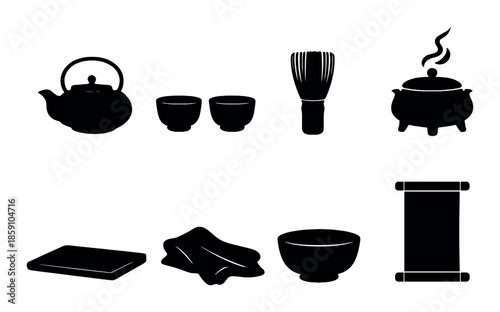 Silhouette of traditional japanese tea ceremony utensils on dark background