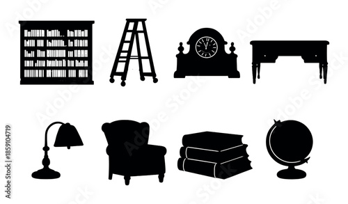 Library silhouettes with ladder clock desk books and globe in black and white