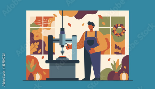 Industrial worker using a machine in an autumnthemed setting representing modern fall craftsmanship