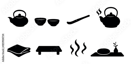 Silhouette icons of japanese tea ceremony elements on gradient background