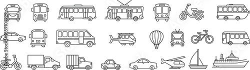 Vehicle icons, transportation symbols, bus icons, car icons, bicycle, truck, airplane, helicopter, train, ferry, transportation vector illustrations
