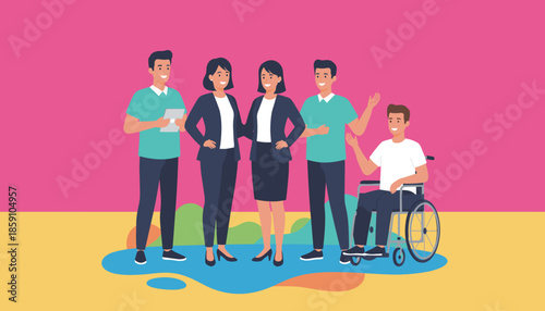 Diverse group of professionals including an employee in a wheelchair promoting inclusion