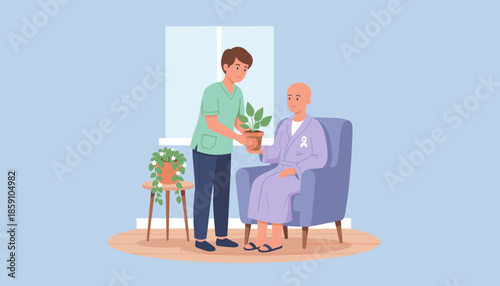 Healthcare worker offers a potted plant to a bald patient cancer awareness ribbon showing care and hope