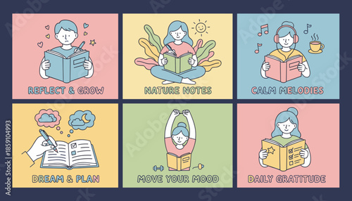 Selfcare habits illustrated journaling gratitude planning relaxation and movement for improved mental wellness