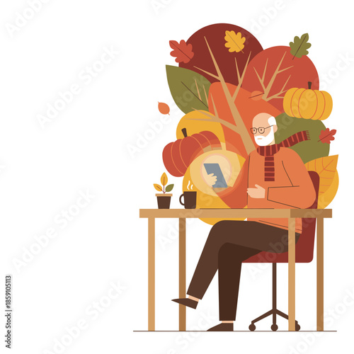 Cozy senior man reading a glowing tablet amidst colorful fall foliage and pumpkins Autumn technology use