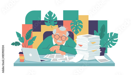 Overworked senior businessman sleeping on a desk piled high with documents experiencing burnout