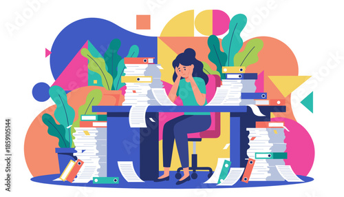 Overwhelmed woman buried under massive paperwork at her desk Stress deadline and professional burnout illustration