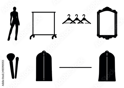 Fashion icons silhouette collection: female mannequin, mirror, clothing rack, hangers, suit bags