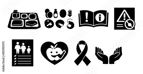 Charity icons: food, health, awareness, support, safety, diversity, aid