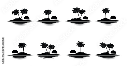Monochrome island paradise: palm trees, sunsets, reflections, silhouettes, calm waters