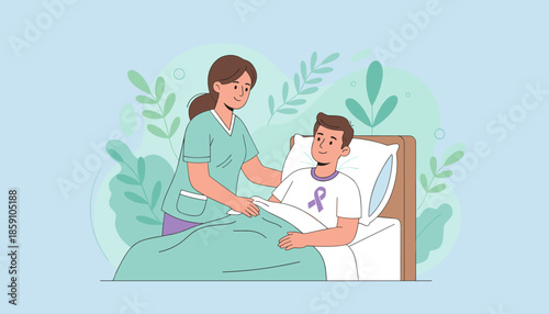 Nurse attends to happy patient in hospital bed with purple awareness ribbon Healthcare support