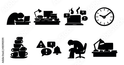 Silhouette icons of stressful office work and deadlines
