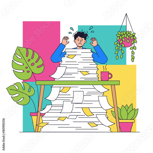 Overwhelmed man sweating under immense paperwork burden in a colorful office