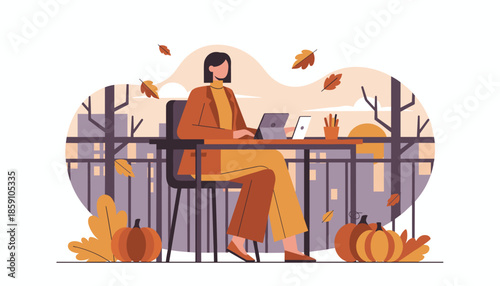 Remote work lifestyle Woman on a city balcony enjoying autumn productivity