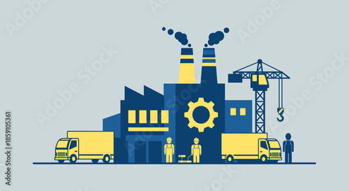 Factory illustration showing production delivery construction and engineering workers