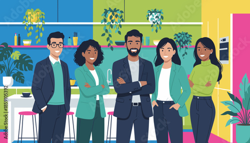 Diverse business team smiling confidently in a modern colorful office break room