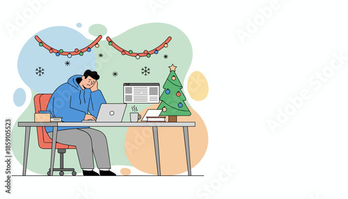 Sad man working remotely at Christmas desk Holiday season work pressure and fatigue concept