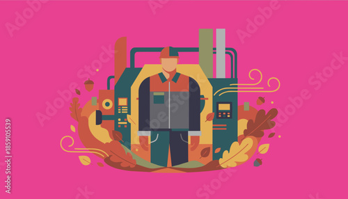 Worker operating industrial machine with autumn foliage decoration Flat design vector illustration