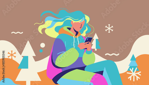 Colorful flat design illustration of a stylish young person using a smartphone in a vibrant winter landscape