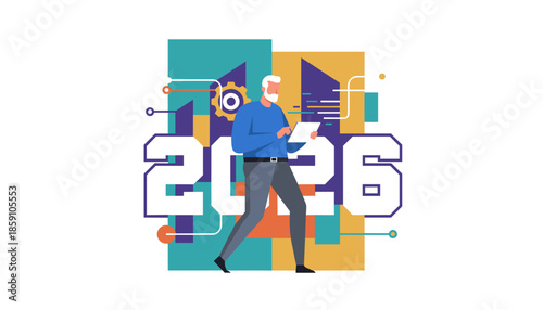 Senior professional using a tablet standing in front of the stylized year 2026 for future planning